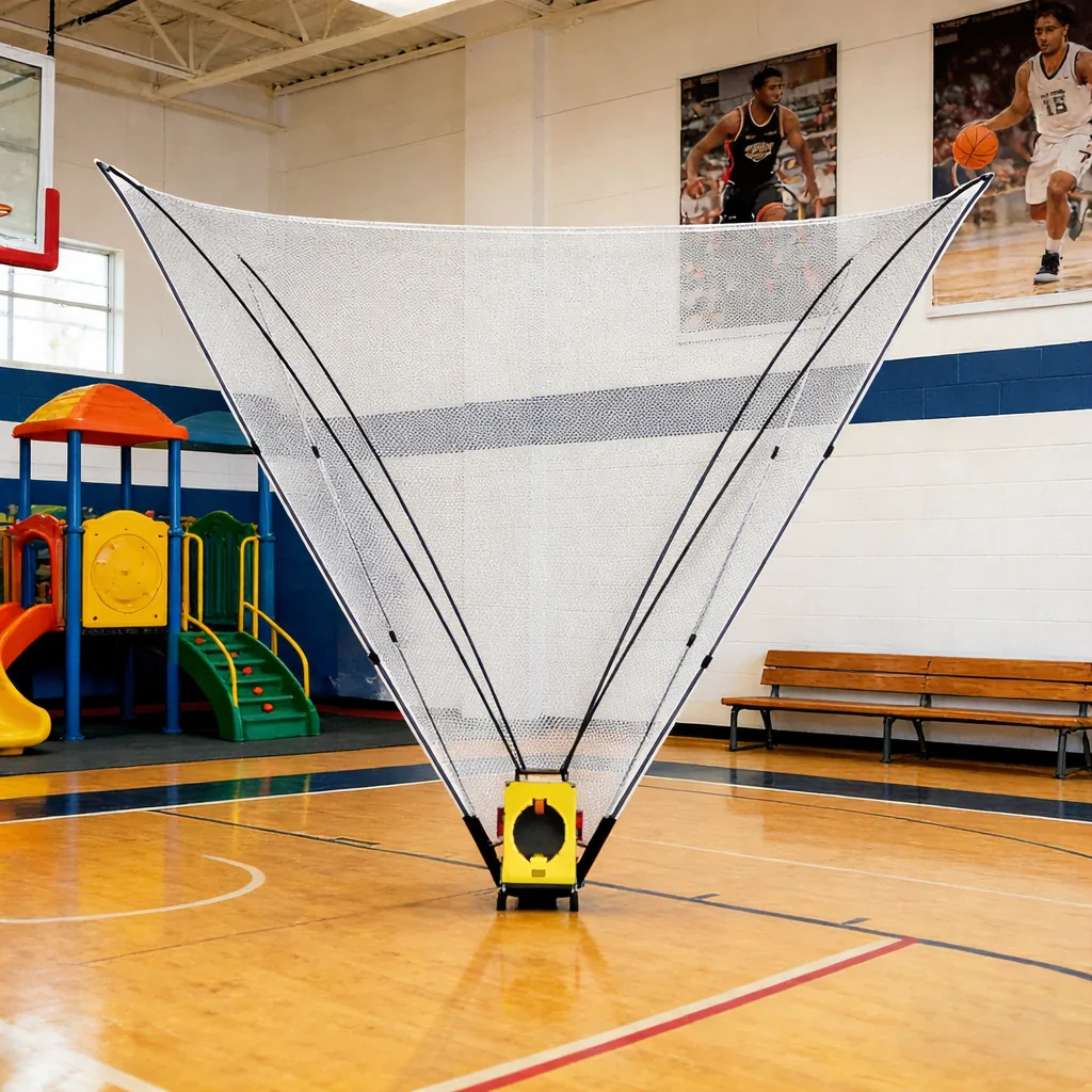 DUNK MASTER Portable Basketball Shooting Machine - Foldable Mobile Design, Reinforced Steel Frame, Silent Wheels for Multi-Surface Use - Yellow - Image 4