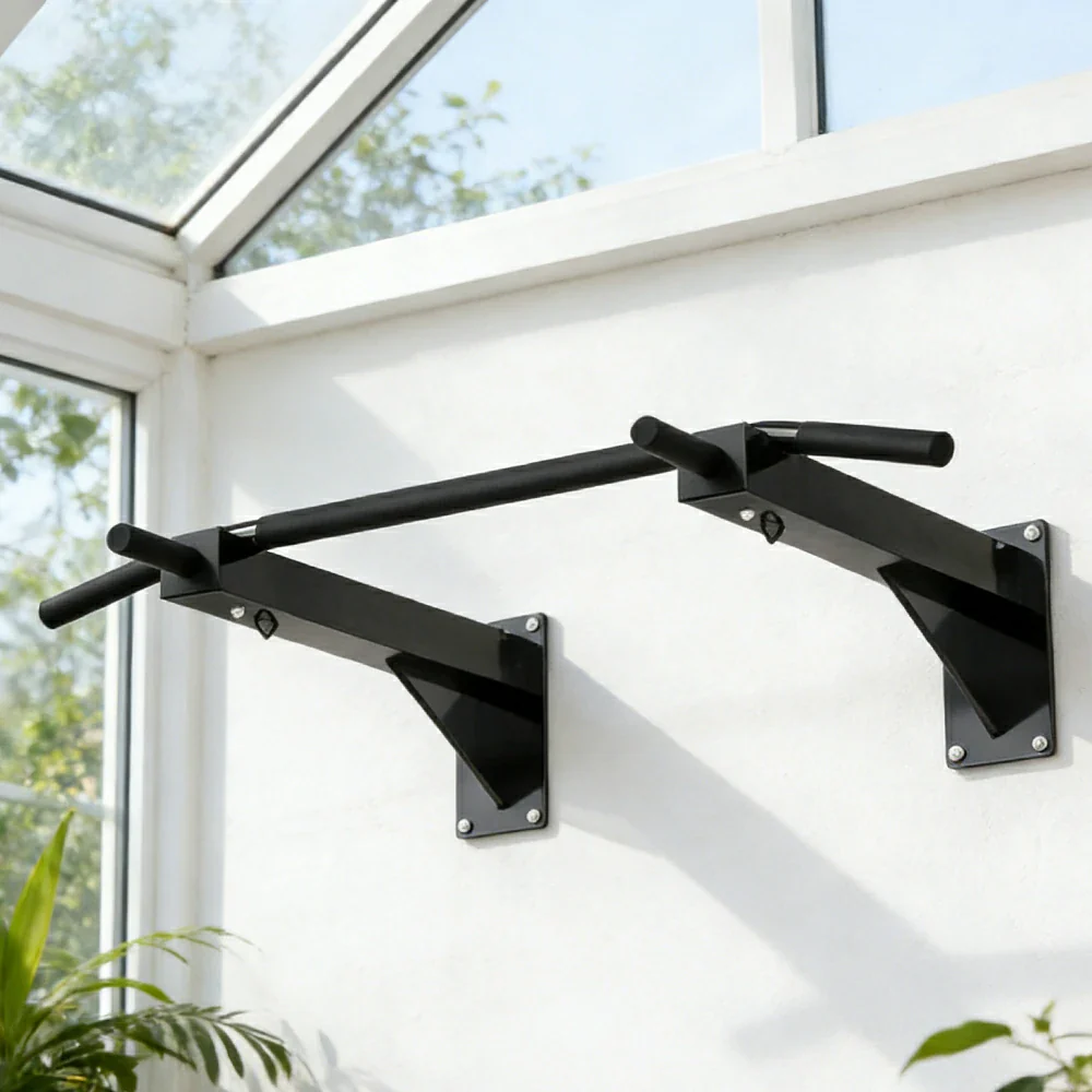 FITPRO Wall Mounted Pull Up Bar Heavy Duty Steel 200kg Capacity Space Saving Upper Body Training Home Gym - Black - Image 4