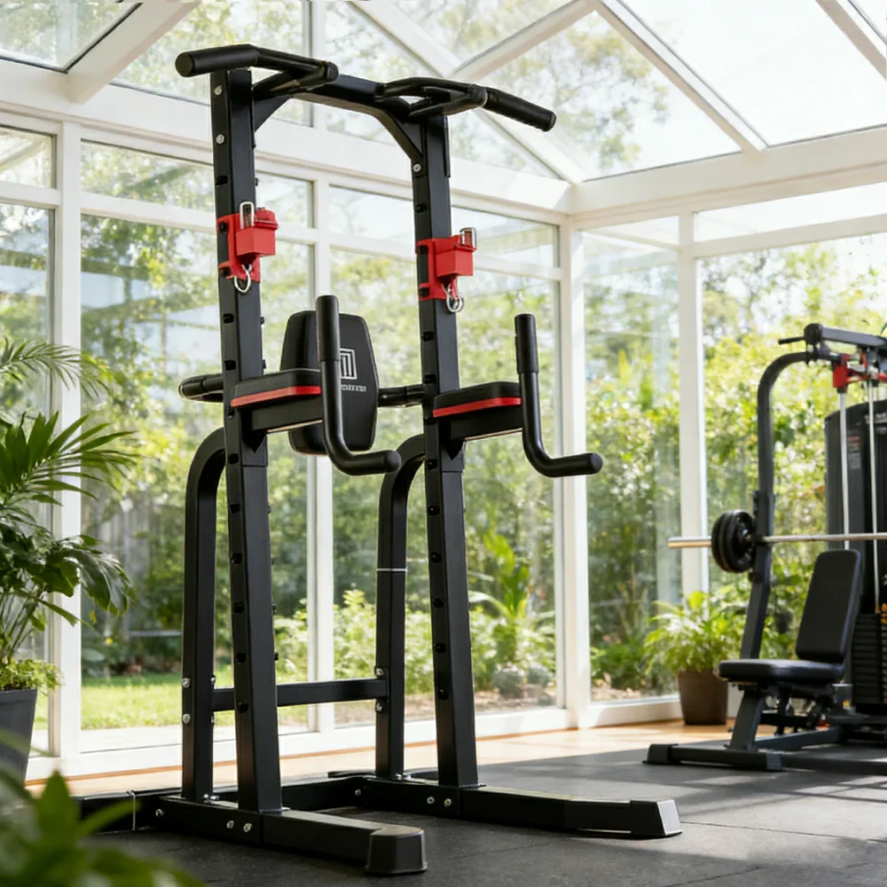FITPRO Pull Up Station Multi-Function Training Heavy Duty Steel T-Base 206cm Home Gym Strength Equipment - Black&Red - Image 4