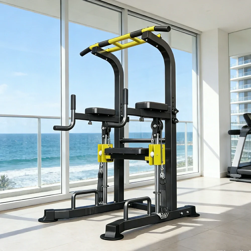 FITPRO Power Tower Pull Up Bar Station Adjustable Height Heavy Duty Steel Frame Multi-Function Strength Training Home Gym - Black&Yellow - Image 2