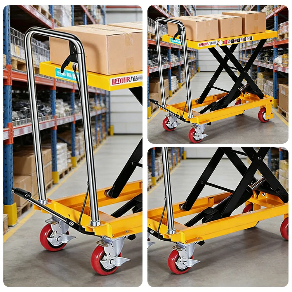 GROVIA Single Scissor Lift Table Trolley - 200kg Load, 0.72m Lift Height, Wide Platform 700x450mm, Hydraulic Mobile Design - Yellow - Image 3