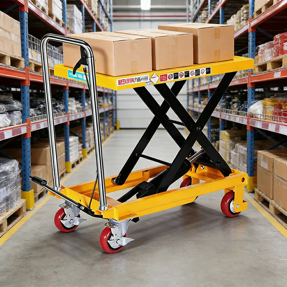GROVIA Single Scissor Lift Table Trolley - 200kg Load, 0.72m Lift Height, Wide Platform 700x450mm, Hydraulic Mobile Design - Yellow - Image 4