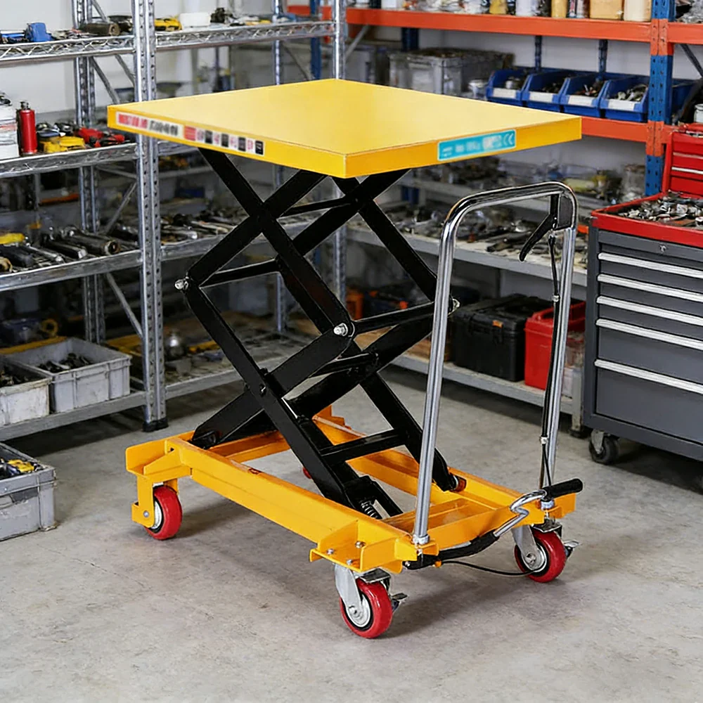 GROVIA Double Scissor Lift Table Trolley - 350kg Load, 1.3m Lift Height, Wide Platform, Hydraulic Mobile Design - Yellow - Image 2