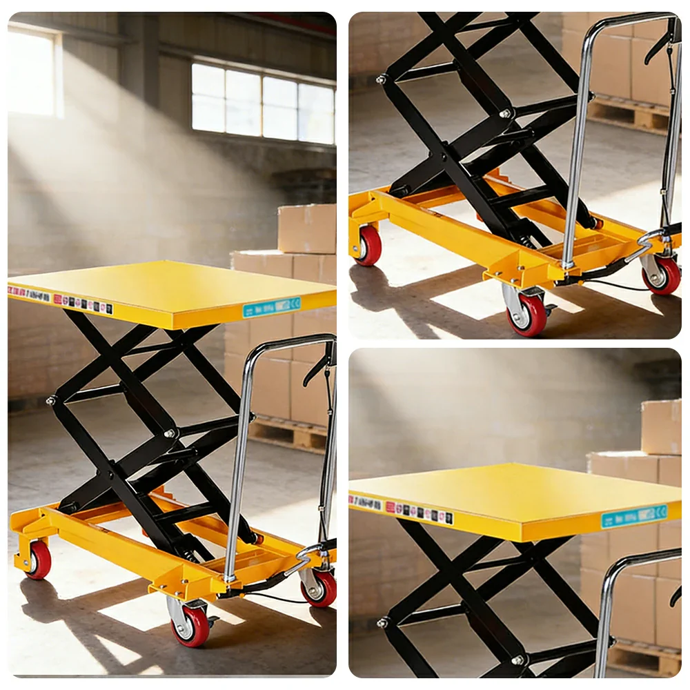 GROVIA Double Scissor Lift Table Trolley - 350kg Load, 1.3m Lift Height, Wide Platform, Hydraulic Mobile Design - Yellow - Image 3