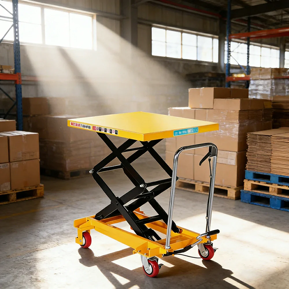GROVIA Double Scissor Lift Table Trolley - 350kg Load, 1.3m Lift Height, Wide Platform, Hydraulic Mobile Design - Yellow - Image 4