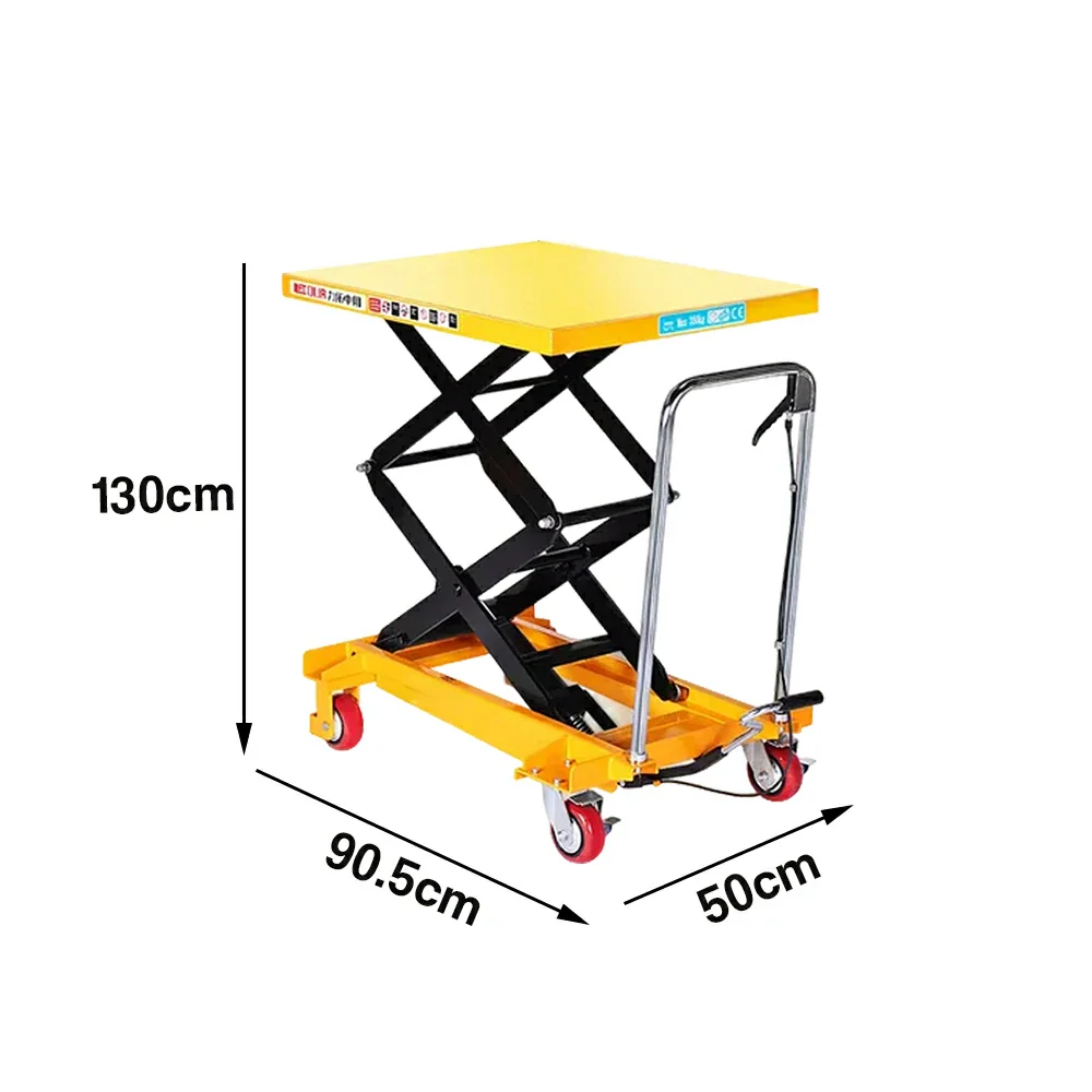 GROVIA Double Scissor Lift Table Trolley - 350kg Load, 1.3m Lift Height, Wide Platform, Hydraulic Mobile Design - Yellow - Image 5