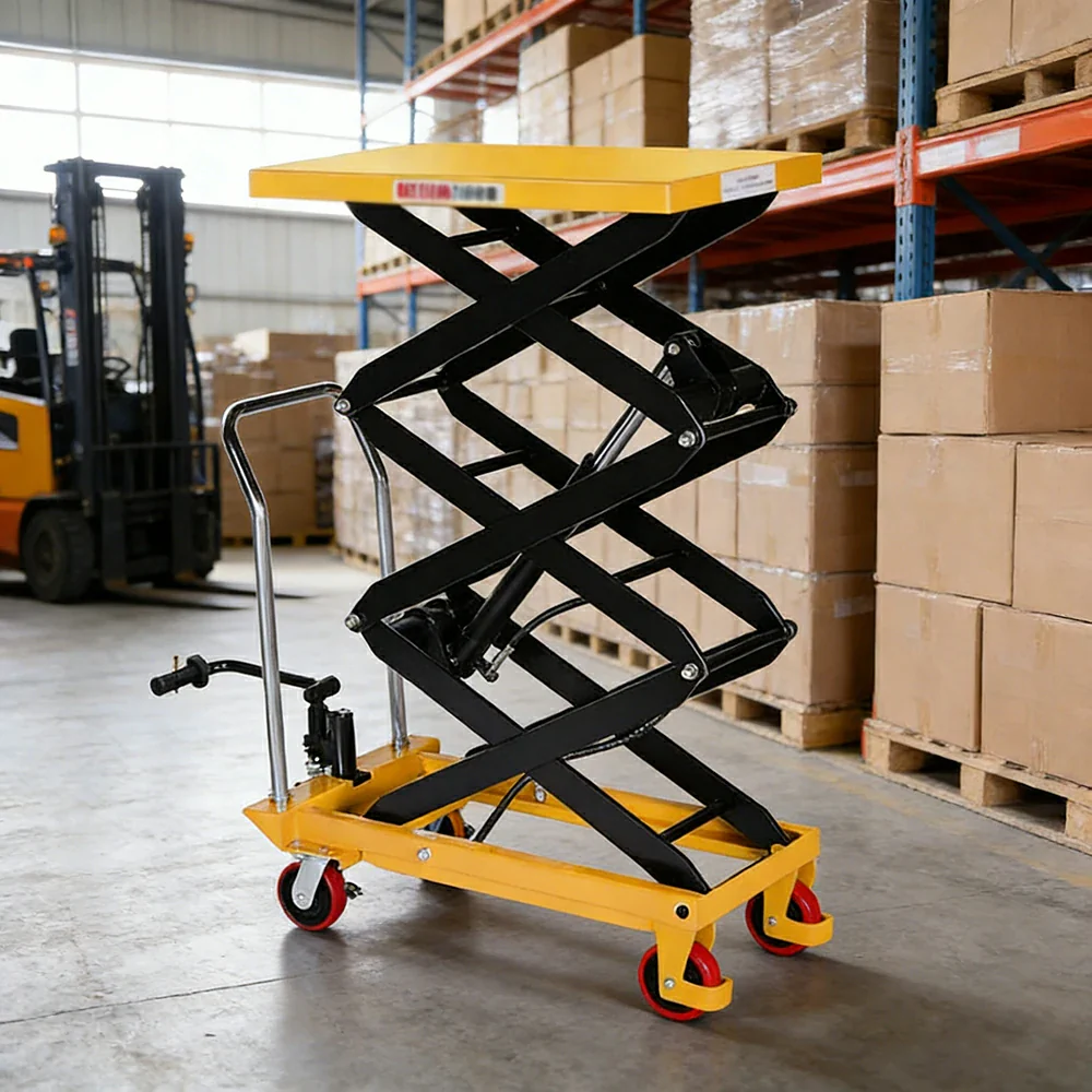 GROVIA Triple Scissor Lift Table Trolley - 500kg Load, 2.0m Lift Height, Wide Platform Design, Heavy-Duty Hydraulic Mobile Lift - Yellow - Image 2
