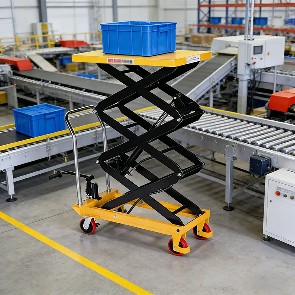 GROVIA Triple Scissor Lift Table Trolley - 500kg Load, 2.0m Lift Height, Wide Platform Design, Heavy-Duty Hydraulic Mobile Lift - Yellow - Image 4