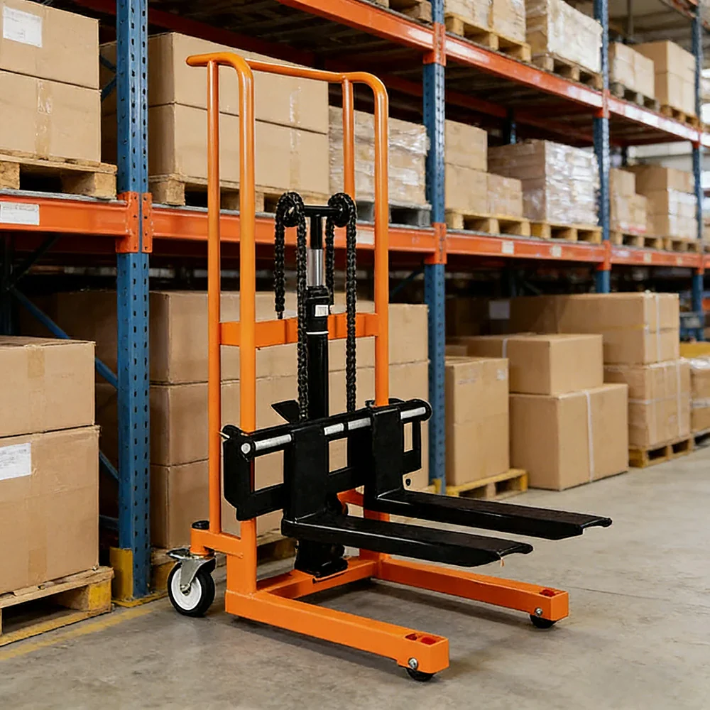 GROVIA Manual Lift Stacker - 400kg Load, 0.9/1.2m Lift Height, Swivel Castors, Open Fork Design, Warehouse Handling Equipment - Orange - Image 2