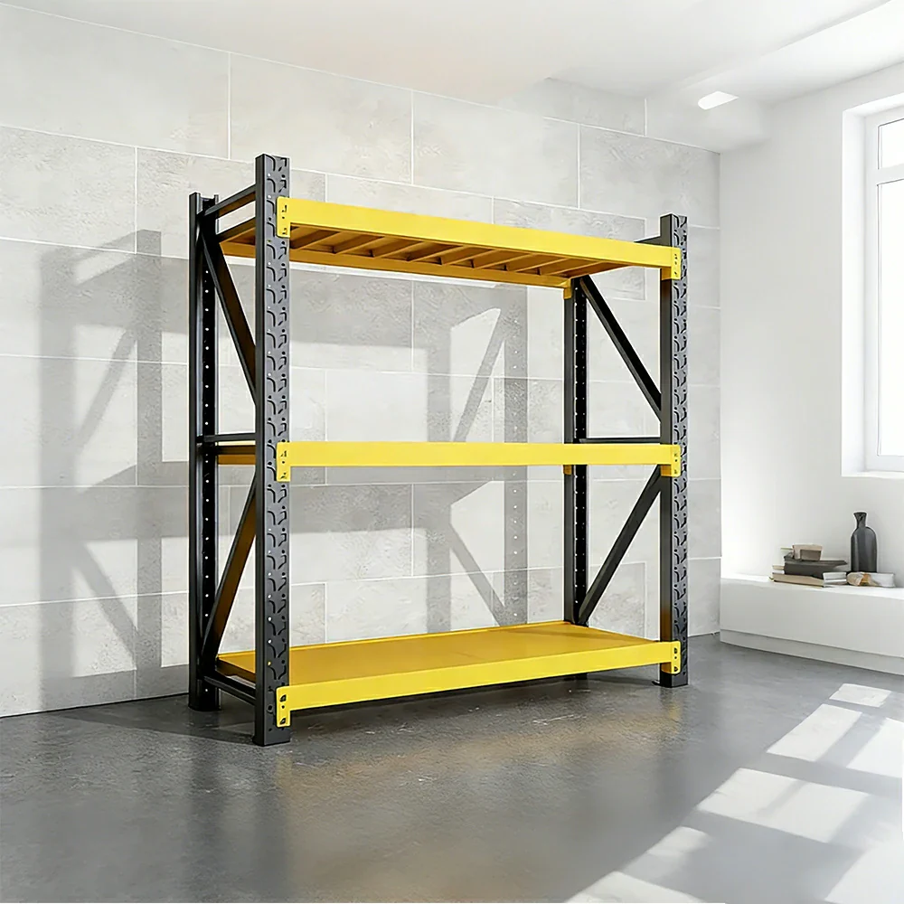 GROVIA 3-Tier 100/120cm Storage Shelving Rack, Heavy-Duty Steel Frame, Screw-Free Assembly, Stable Triangular Support - Black&Yellow - Image 2