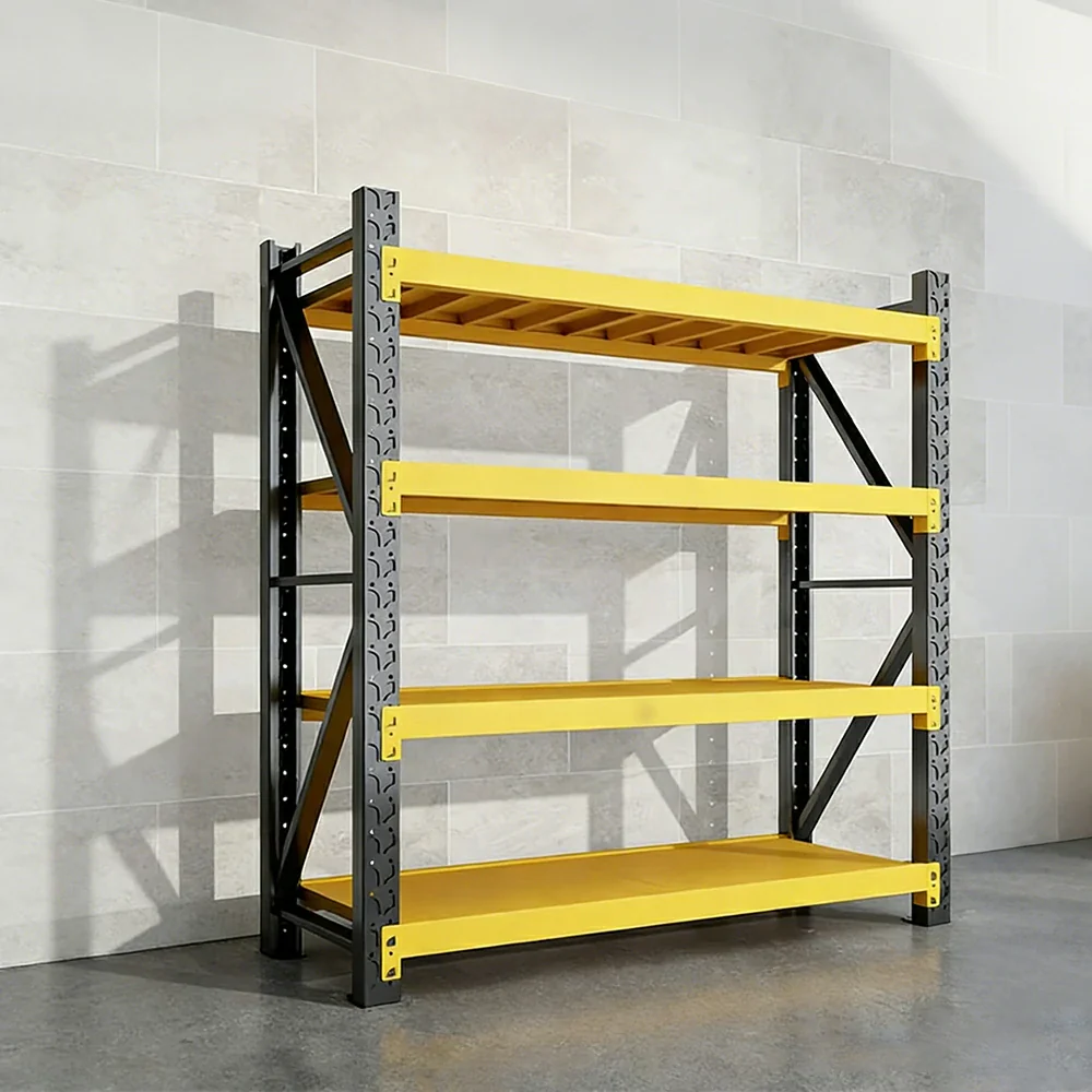 GROVIA 4-Tier 100/120cm Storage Shelving Rack, Heavy-Duty Steel Frame, Screw-Free Assembly, Stable Triangular Support - Black&Yellow - Image 2