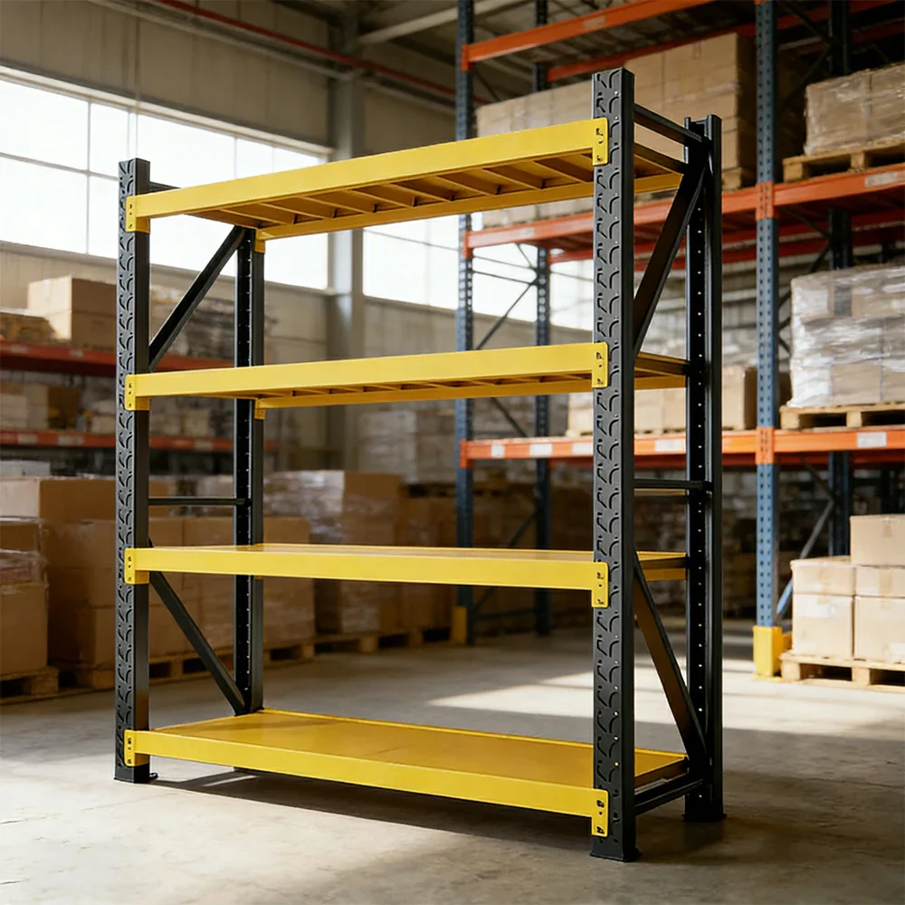 GROVIA 4-Tier 100/120cm Storage Shelving Rack, Heavy-Duty Steel Frame, Screw-Free Assembly, Stable Triangular Support - Black&Yellow - Image 4