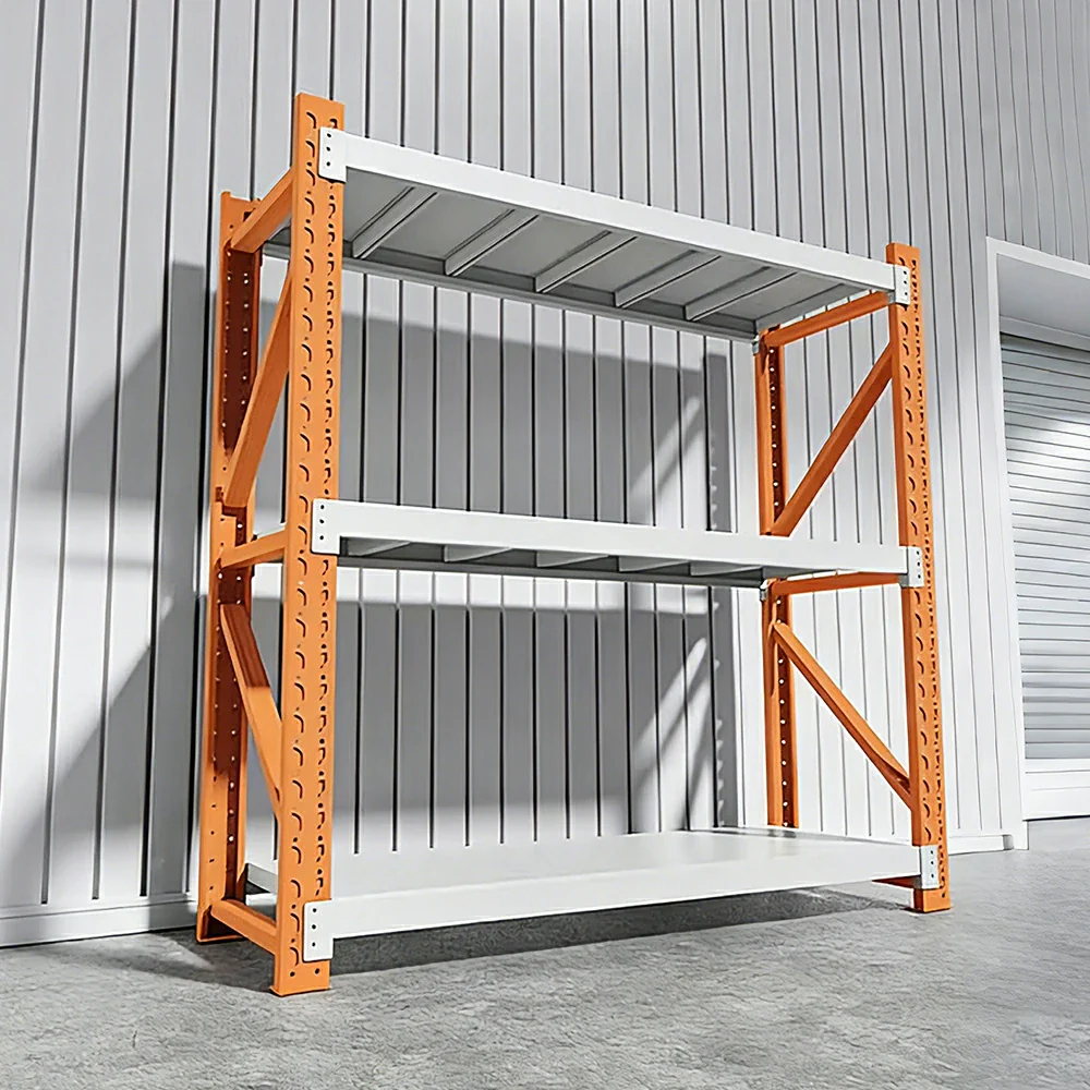 GROVIA 3-Tier 100/120cm Storage Shelving Rack, Heavy-Duty Steel Frame, Screw-Free Assembly, Stable Triangular Support - White&Orange - Image 2