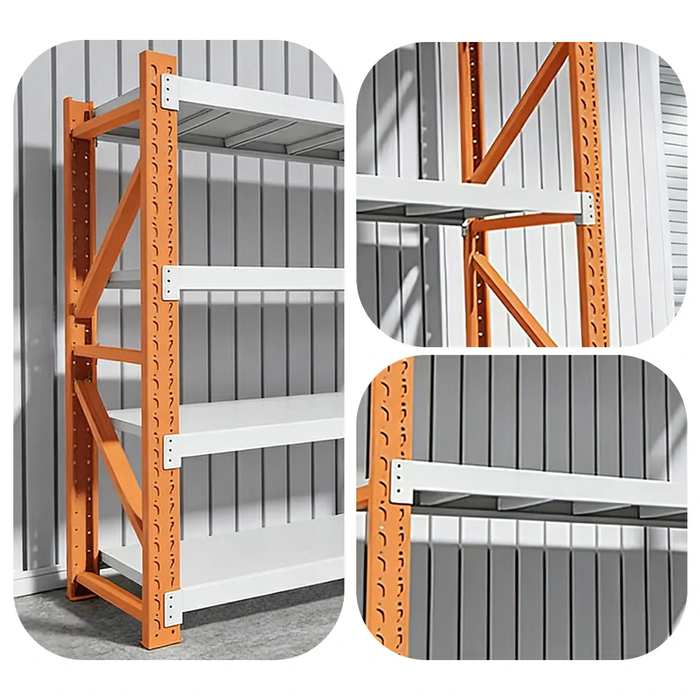GROVIA 4-Tier 100/120cm Storage Shelving Rack, Heavy-Duty Steel Frame, Screw-Free Assembly, Stable Triangular Support - White&Orange - Image 3