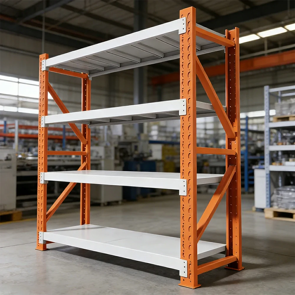 GROVIA 4-Tier 100/120cm Storage Shelving Rack, Heavy-Duty Steel Frame, Screw-Free Assembly, Stable Triangular Support - White&Orange - Image 4