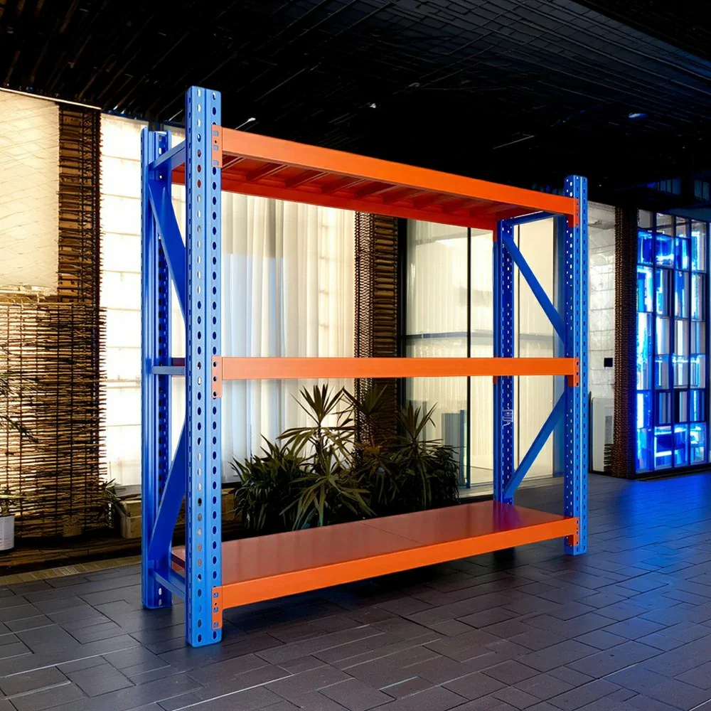 GROVIA 3-Tier 100/120cm Storage Shelving Rack, Heavy-Duty Steel Frame, Screw-Free Assembly, Stable Triangular Support - Blue&Orange - Image 2