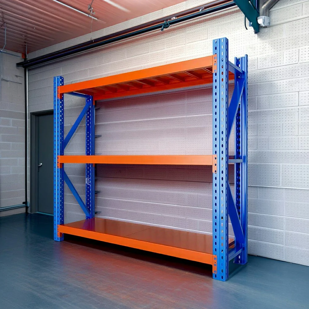GROVIA 3-Tier 100/120cm Storage Shelving Rack, Heavy-Duty Steel Frame, Screw-Free Assembly, Stable Triangular Support - Blue&Orange - Image 4
