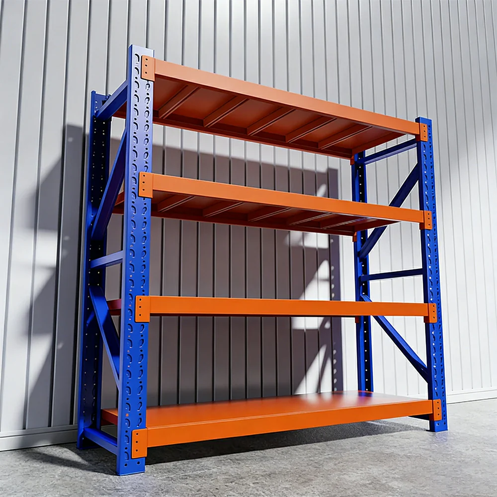 GROVIA 4-Tier 100/120cm Storage Shelving Rack, Heavy-Duty Steel Frame, Screw-Free Assembly, Stable Triangular Support - Blue&Orange - Image 2