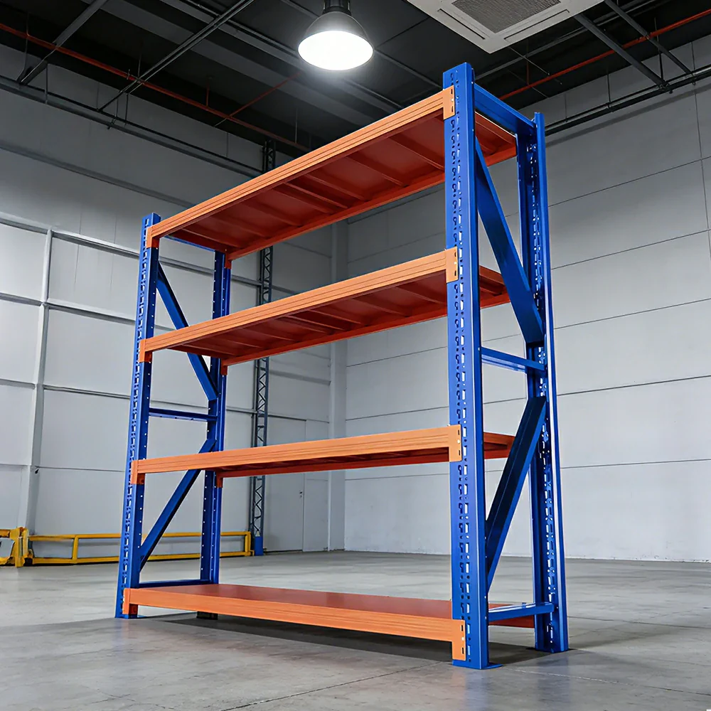 GROVIA 4-Tier 100/120cm Storage Shelving Rack, Heavy-Duty Steel Frame, Screw-Free Assembly, Stable Triangular Support - Blue&Orange - Image 4