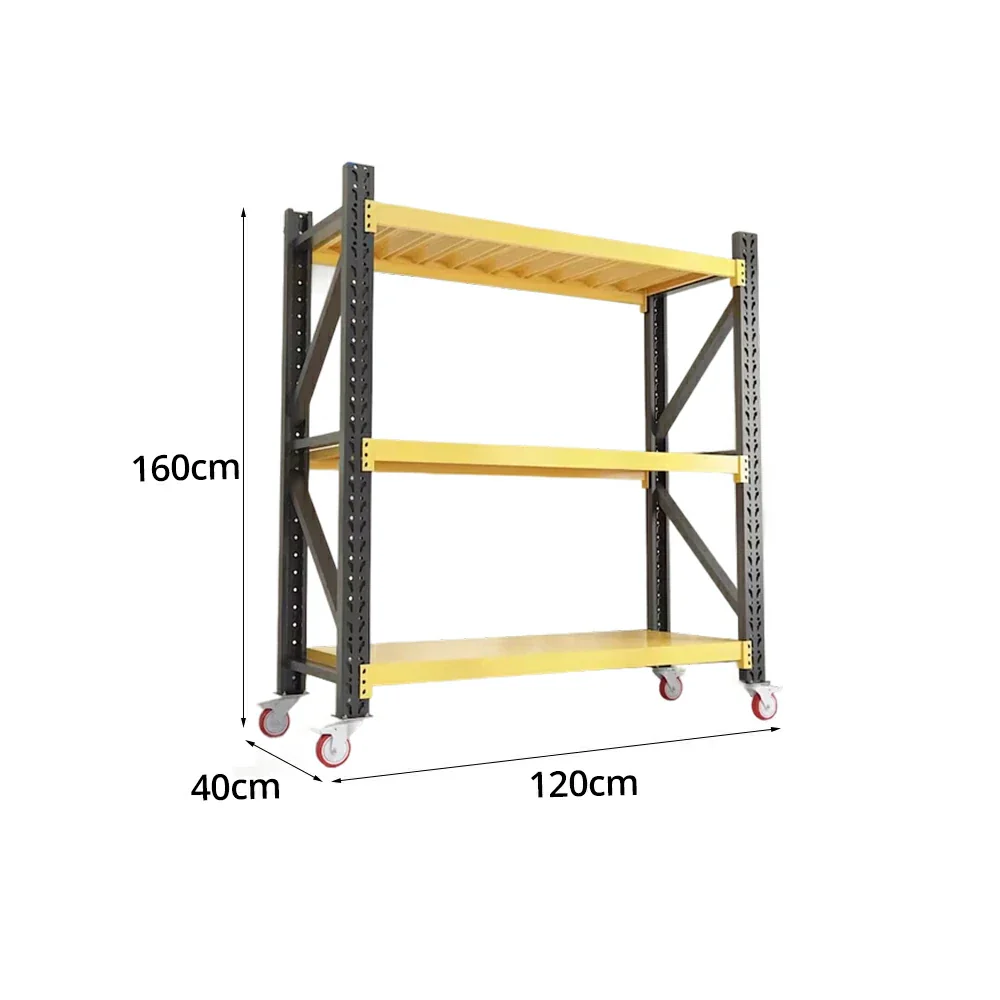 GROVIA 3-Tier 100/120cm Storage Shelving Rack, Screw-Free Steel Frame, Swivel Castors with Brakes, Stable Design - Black&Yellow - Image 6