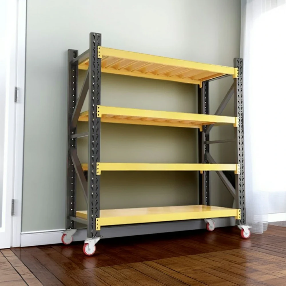 GROVIA 4-Tier 100/120cm Storage Shelving Rack, Screw-Free Steel Frame, Swivel Castors with Brakes, Stable Design - Black&Yellow - Image 2