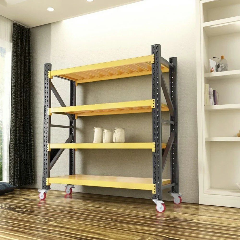 GROVIA 4-Tier 100/120cm Storage Shelving Rack, Screw-Free Steel Frame, Swivel Castors with Brakes, Stable Design - Black&Yellow - Image 4