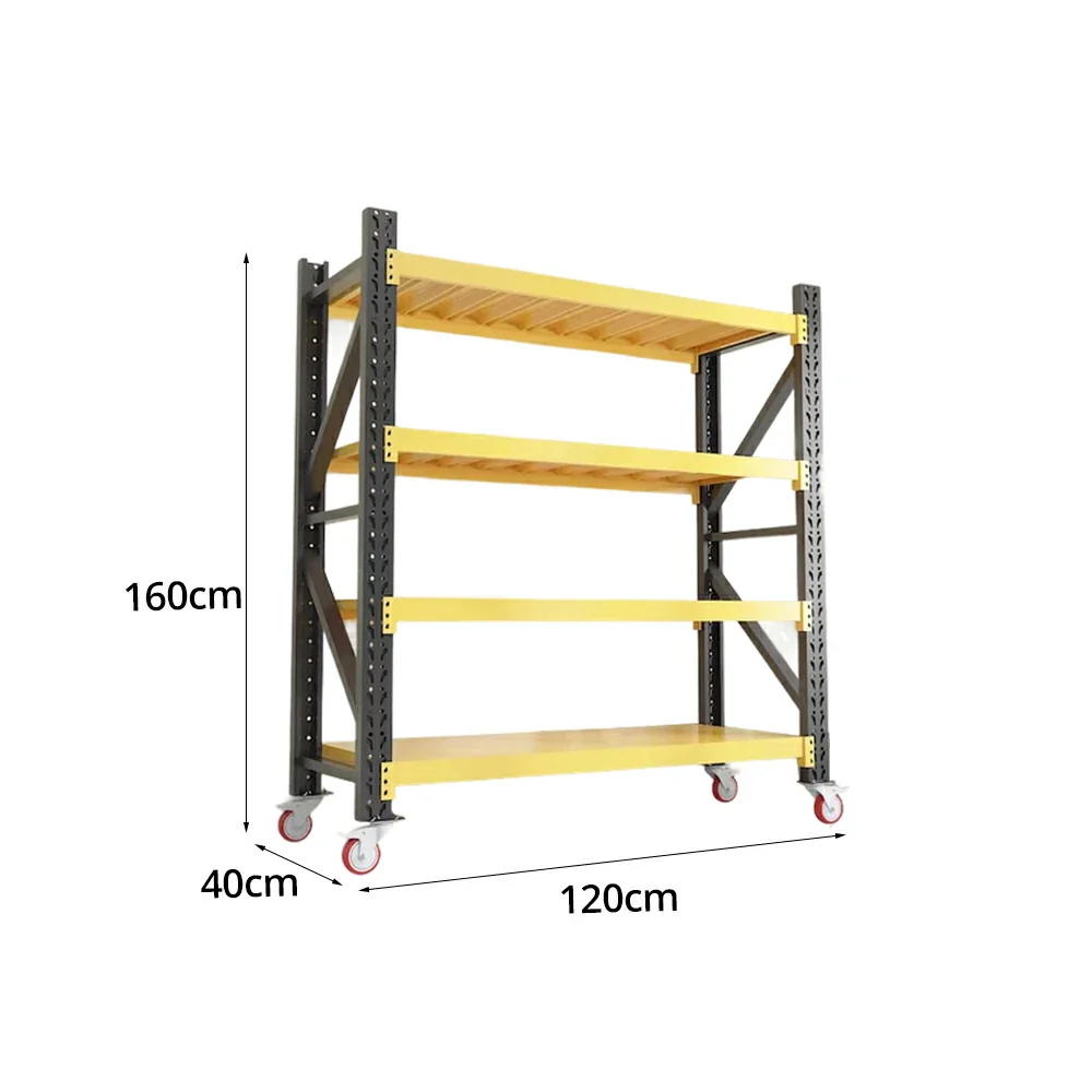 GROVIA 4-Tier 100/120cm Storage Shelving Rack, Screw-Free Steel Frame, Swivel Castors with Brakes, Stable Design - Black&Yellow - Image 6