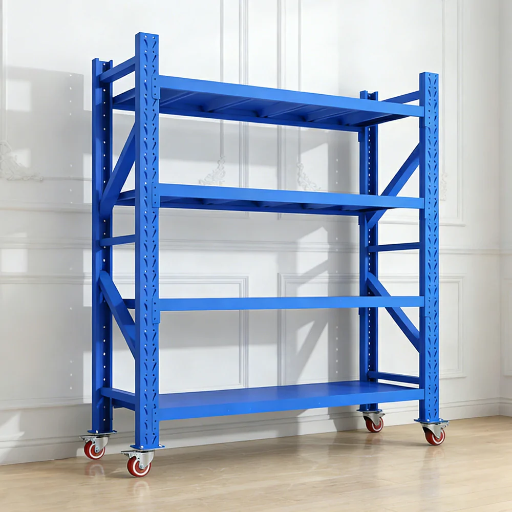GROVIA 4-Tier 100/120cm Storage Shelving Rack, Screw-Free Steel Frame, Swivel Castors with Brakes, Stable Design - Blue - Image 2
