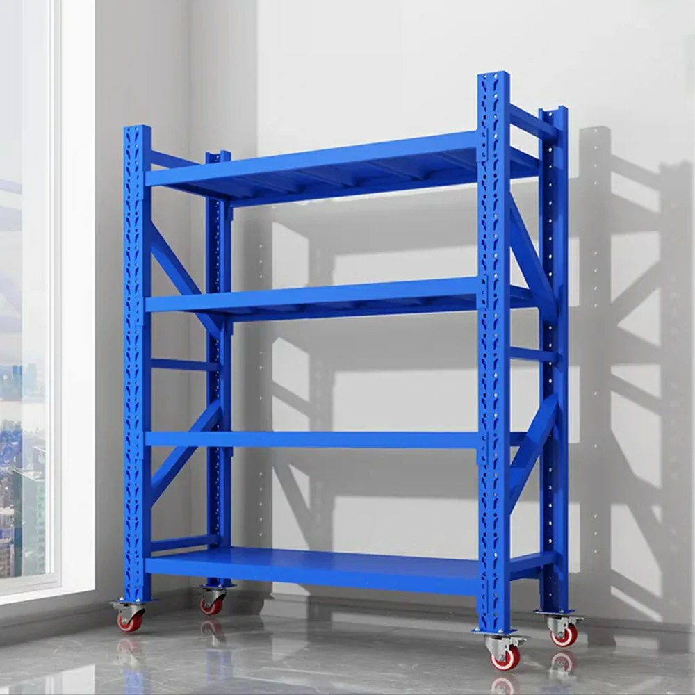GROVIA 4-Tier 100/120cm Storage Shelving Rack, Screw-Free Steel Frame, Swivel Castors with Brakes, Stable Design - Blue - Image 4