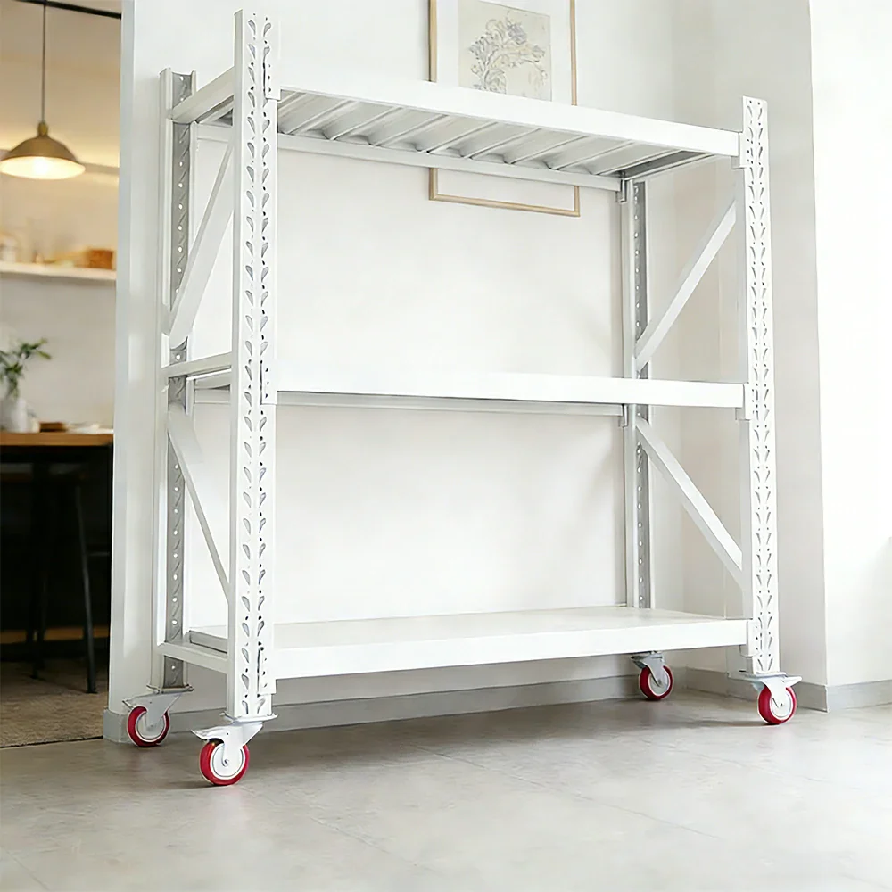 GROVIA 3-Tier 100/120cm Storage Shelving Rack, Screw-Free Steel Frame, Swivel Castors with Brakes, Stable Design - White - Image 2