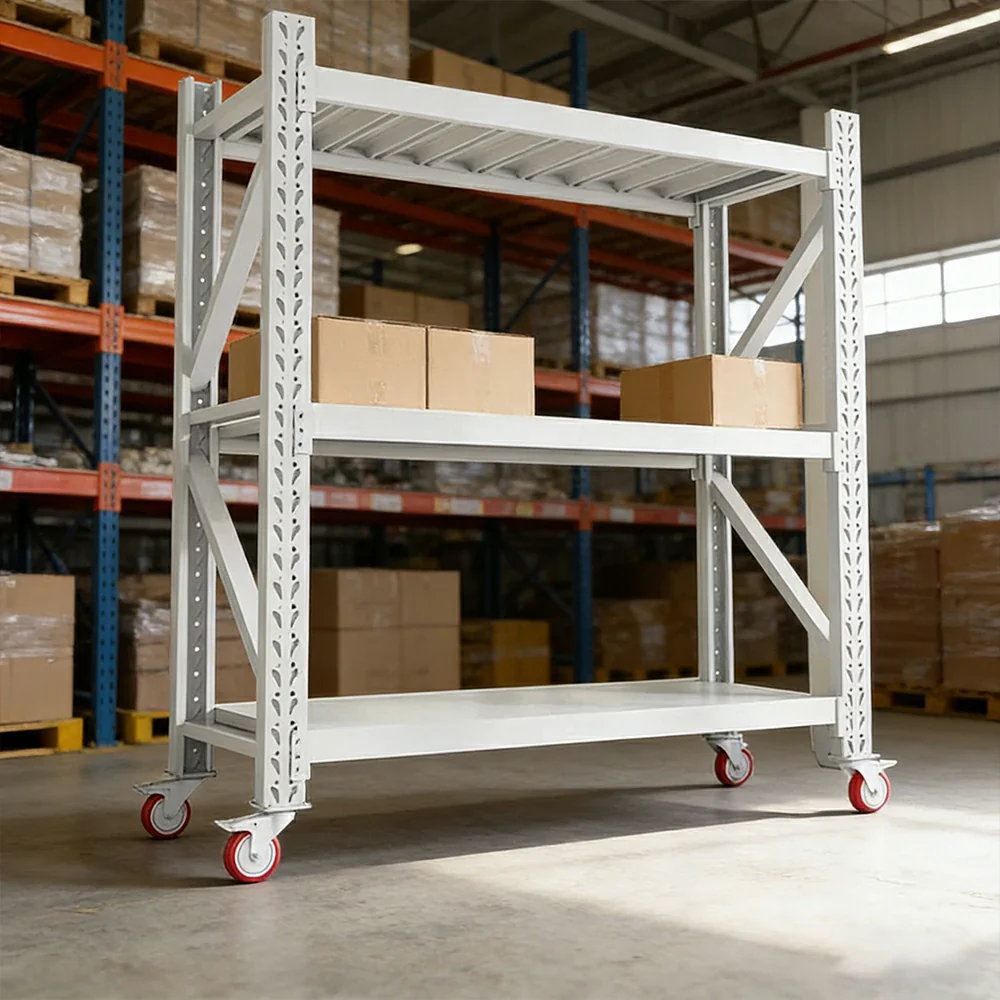 GROVIA 3-Tier 100/120cm Storage Shelving Rack, Screw-Free Steel Frame, Swivel Castors with Brakes, Stable Design - White - Image 4