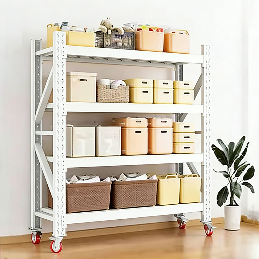 GROVIA 4-Tier 100/120cm Storage Shelving Rack, Screw-Free Steel Frame, Swivel Castors with Brakes, Stable Design - White - Image 2