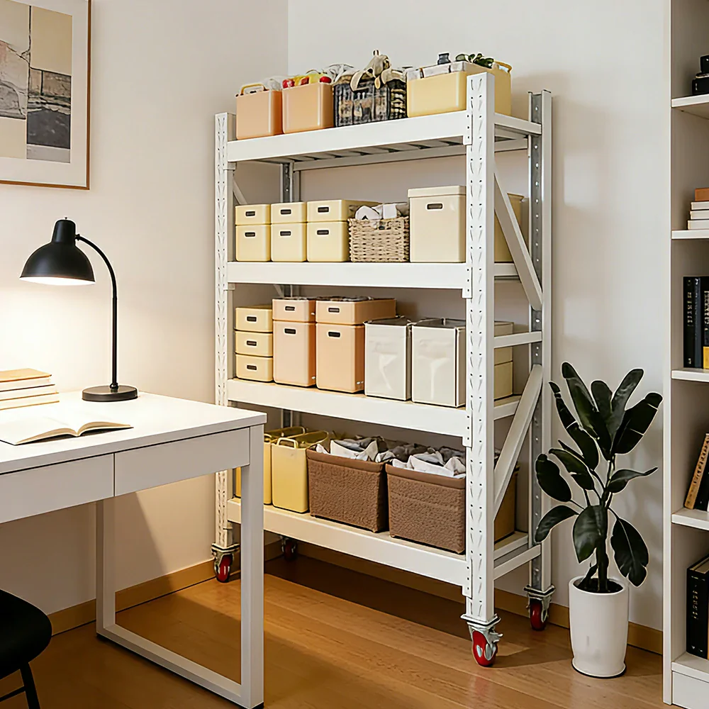 GROVIA 4-Tier 100/120cm Storage Shelving Rack, Screw-Free Steel Frame, Swivel Castors with Brakes, Stable Design - White - Image 4