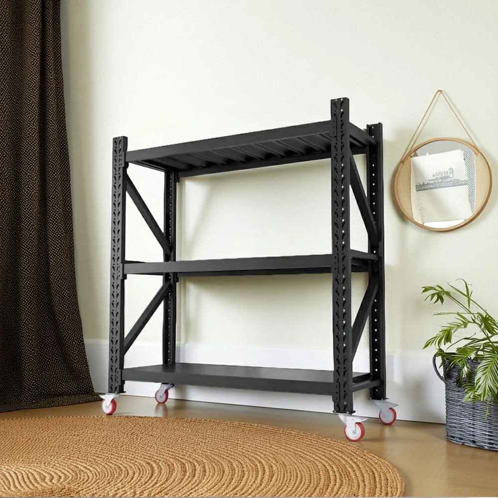 GROVIA 3-Tier 100/120cm Storage Shelving Rack, Screw-Free Steel Frame, Swivel Castors with Brakes, Stable Design - Black - Image 4