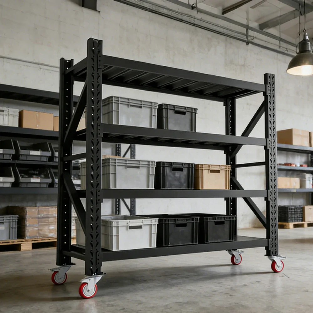 GROVIA 4-Tier 100/120cm Storage Shelving Rack, Screw-Free Steel Frame, Swivel Castors with Brakes, Stable Design - Black - Image 2