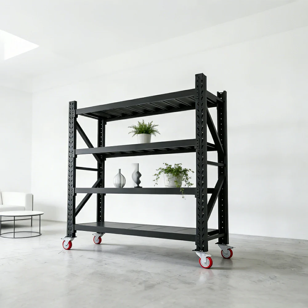 GROVIA 4-Tier 100/120cm Storage Shelving Rack, Screw-Free Steel Frame, Swivel Castors with Brakes, Stable Design - Black - Image 4