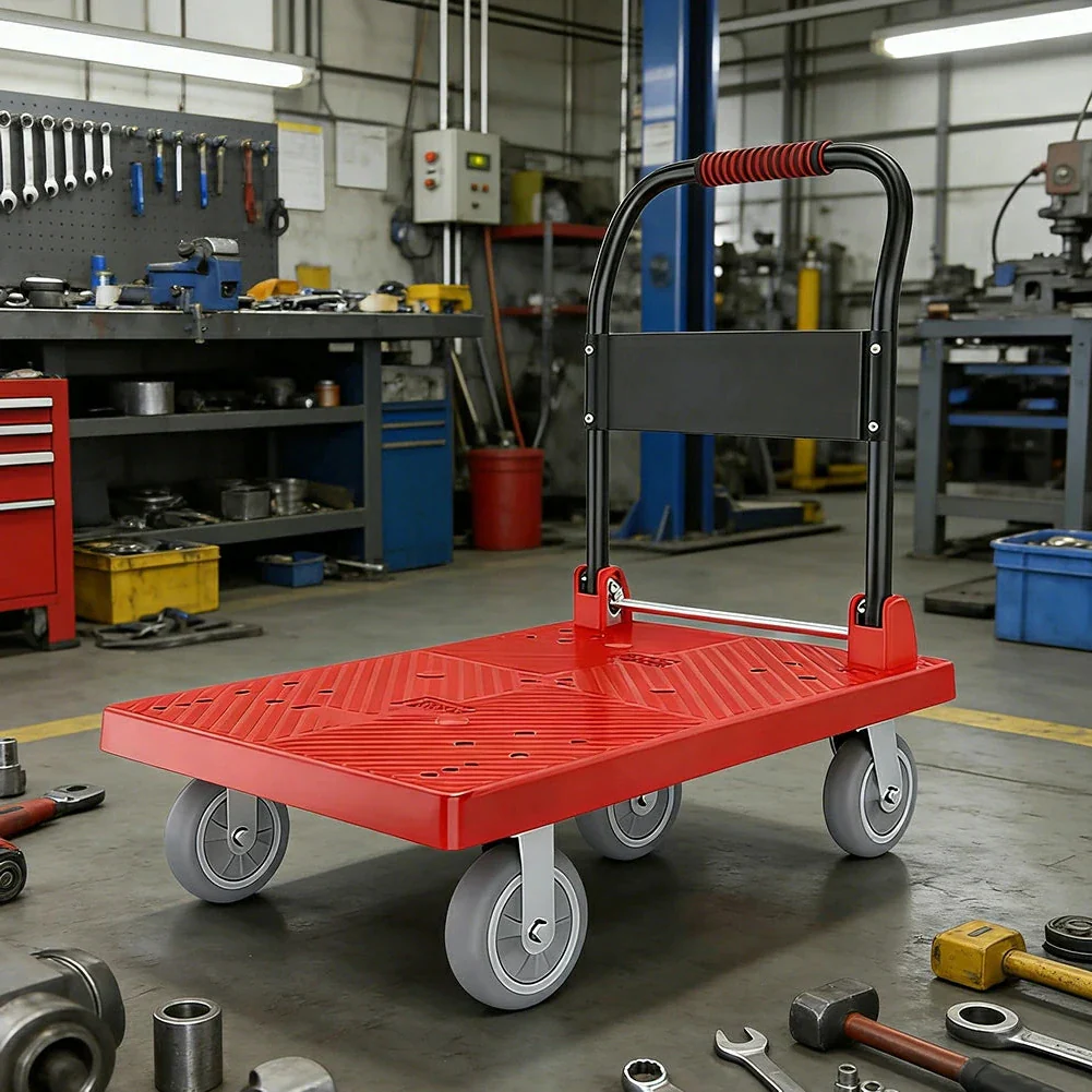 GROVIA Heavy-Duty Platform Trolley - 110x66cm Reinforced Dual-Tube Frame, 6-Inch Industrial Grey Rubber Wheels, Stable & Smooth Transport - Red - Image 2