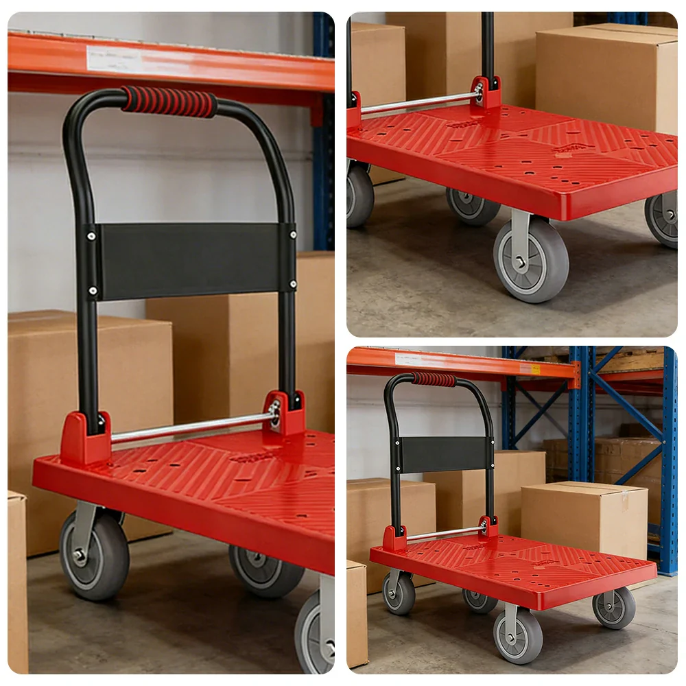 GROVIA Heavy-Duty Platform Trolley - 110x66cm Reinforced Dual-Tube Frame, 6-Inch Industrial Grey Rubber Wheels, Stable & Smooth Transport - Red - Image 3