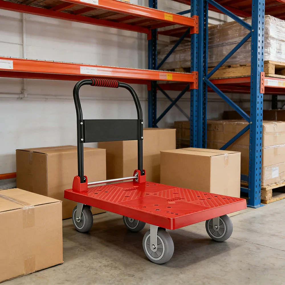 GROVIA Heavy-Duty Platform Trolley - 110x66cm Reinforced Dual-Tube Frame, 6-Inch Industrial Grey Rubber Wheels, Stable & Smooth Transport - Red - Image 4
