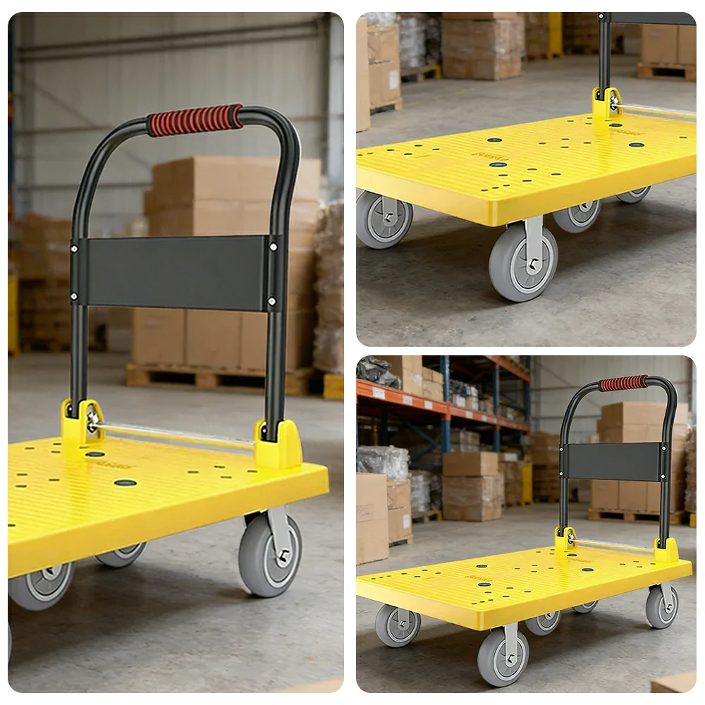 GROVIA Heavy-Duty Platform Trolley - 110x66cm Reinforced Dual-Tube Frame, 6-Inch Industrial Grey Rubber Wheels, Stable & Smooth Transport - Yellow - Image 3