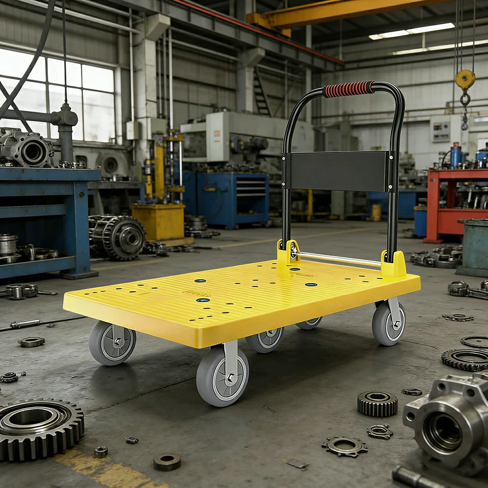 GROVIA Heavy-Duty Platform Trolley - 110x66cm Reinforced Dual-Tube Frame, 6-Inch Industrial Grey Rubber Wheels, Stable & Smooth Transport - Yellow - Image 4