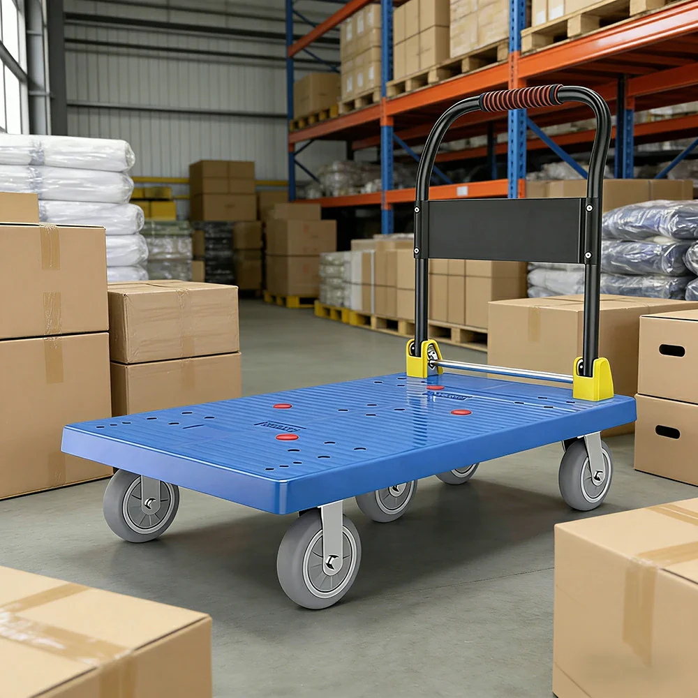 GROVIA Heavy-Duty Platform Trolley - 110x66cm Reinforced Dual-Tube Frame, 6-Inch Industrial Grey Rubber Wheels, Stable & Smooth Transport - Blue - Image 2