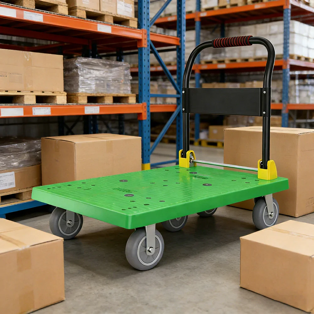 GROVIA Heavy-Duty Platform Trolley - 110x66cm Reinforced Dual-Tube Frame, 6-Inch Industrial Grey Rubber Wheels, Stable & Smooth Transport - Green - Image 2