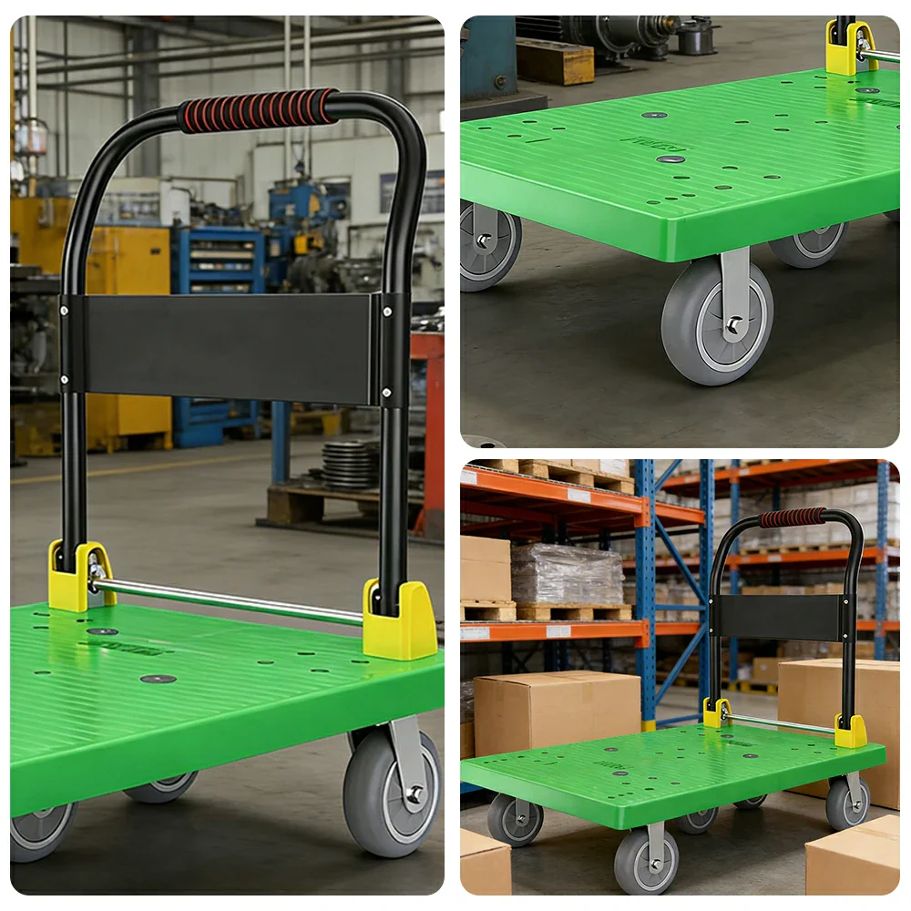 GROVIA Heavy-Duty Platform Trolley - 110x66cm Reinforced Dual-Tube Frame, 6-Inch Industrial Grey Rubber Wheels, Stable & Smooth Transport - Green - Image 3