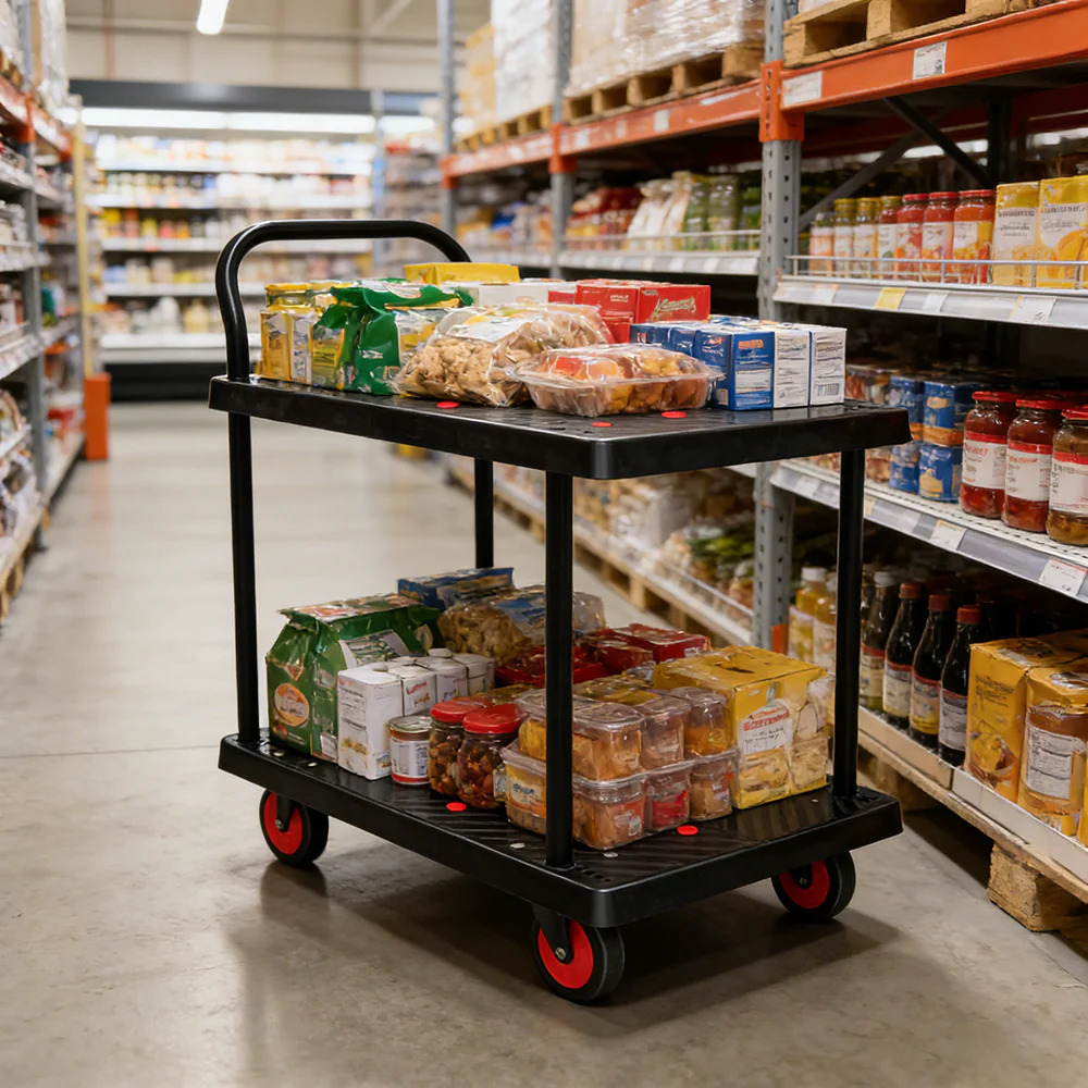 GROVIA Heavy-Duty Double Deck Platform Trolley - 73/90cm, Single Handle, Quiet TPR Wheels, 200/350kg Load Capacity - Black - Image 4