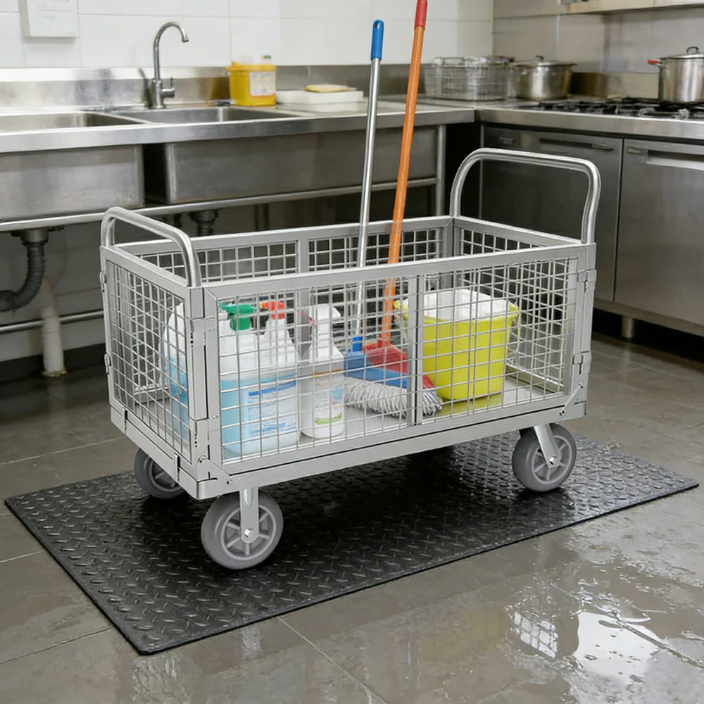 GROVIA Heavy-Duty Mesh Platform Trolley - 90x60cm, Foldable Cage Design, Quiet 6-Inch Rubber Wheels, 300kg Load Capacity - Silver - Image 2