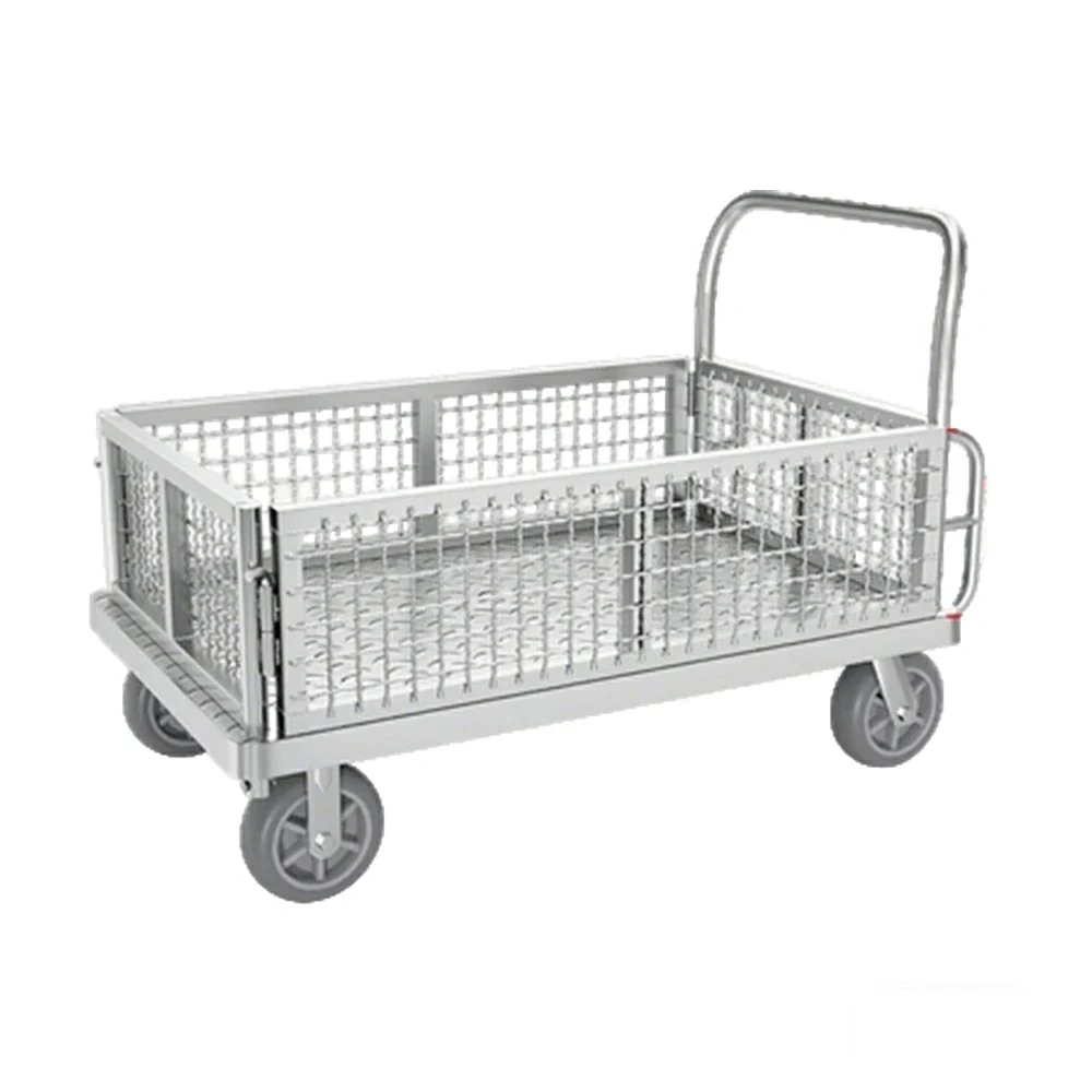 GROVIA Industrial Heavy-Duty Mesh Platform Trolley - 126x76cm, Foldable Cage Design, Quiet 8-Inch Rubber Wheels, High Load Capacity - Silver