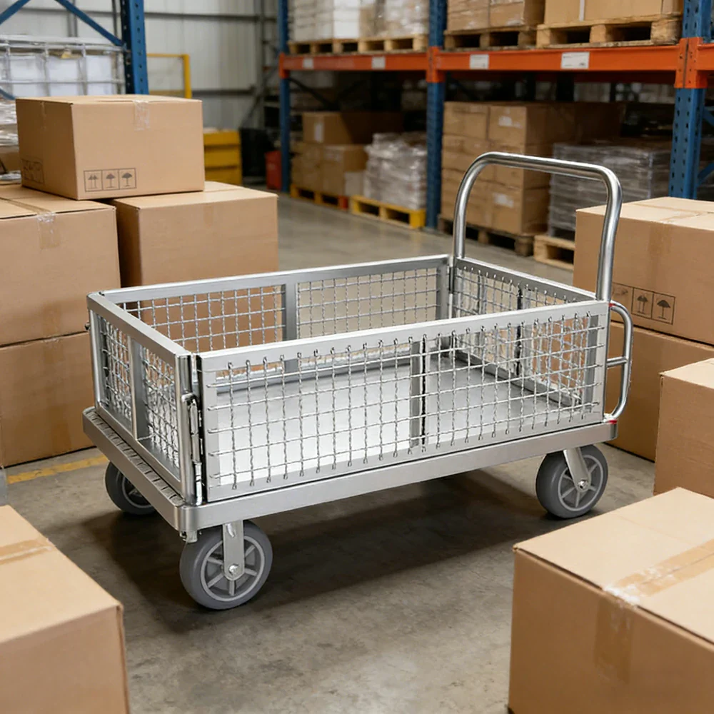 GROVIA Industrial Heavy-Duty Mesh Platform Trolley - 126x76cm, Foldable Cage Design, Quiet 8-Inch Rubber Wheels, High Load Capacity - Silver - Image 2