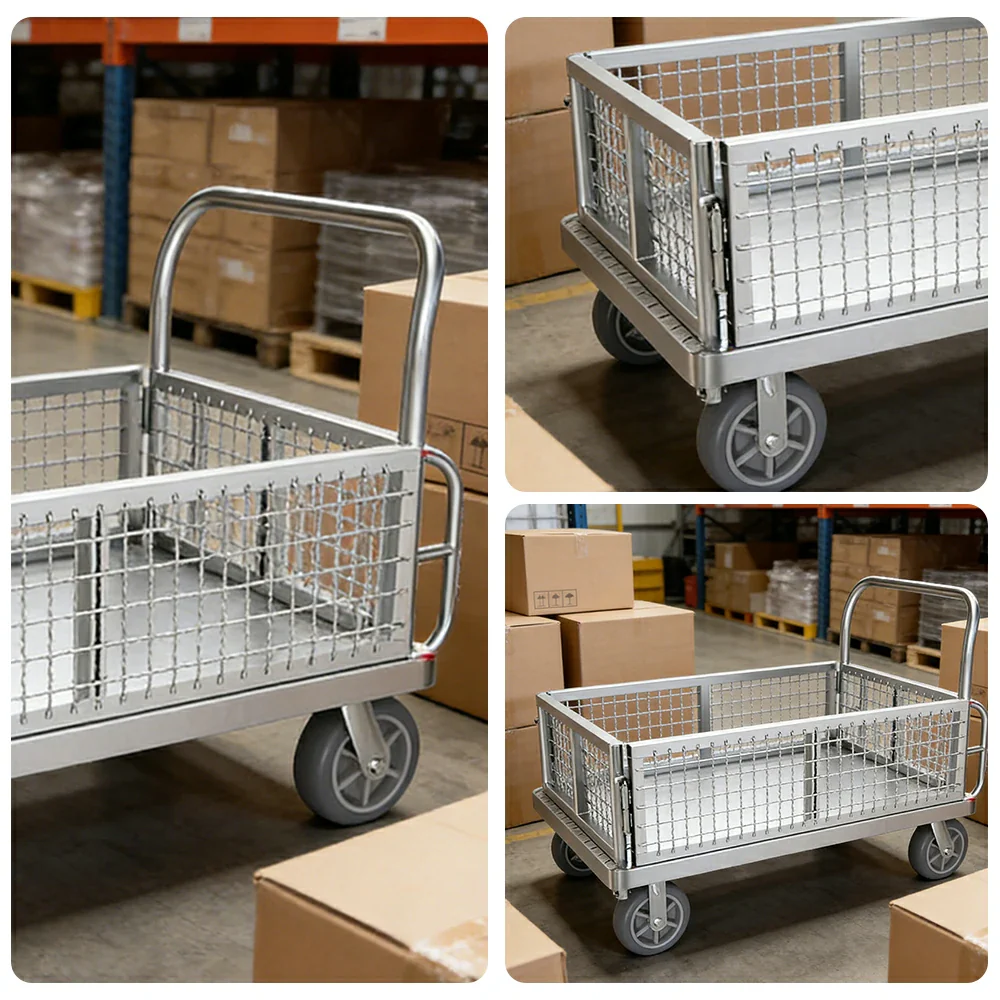 GROVIA Industrial Heavy-Duty Mesh Platform Trolley - 126x76cm, Foldable Cage Design, Quiet 8-Inch Rubber Wheels, High Load Capacity - Silver - Image 3
