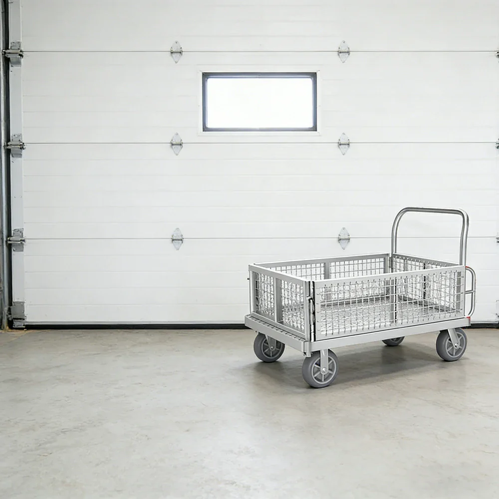 GROVIA Industrial Heavy-Duty Mesh Platform Trolley - 126x76cm, Foldable Cage Design, Quiet 8-Inch Rubber Wheels, High Load Capacity - Silver - Image 4